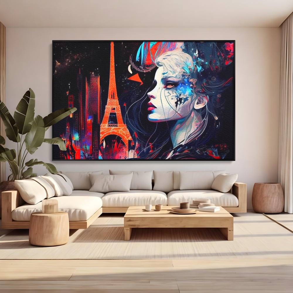 Tablou canvas cu tablou canvas cu femeie si turnul eiffel, in rama de aluminiu negru, pe perete intr-un living